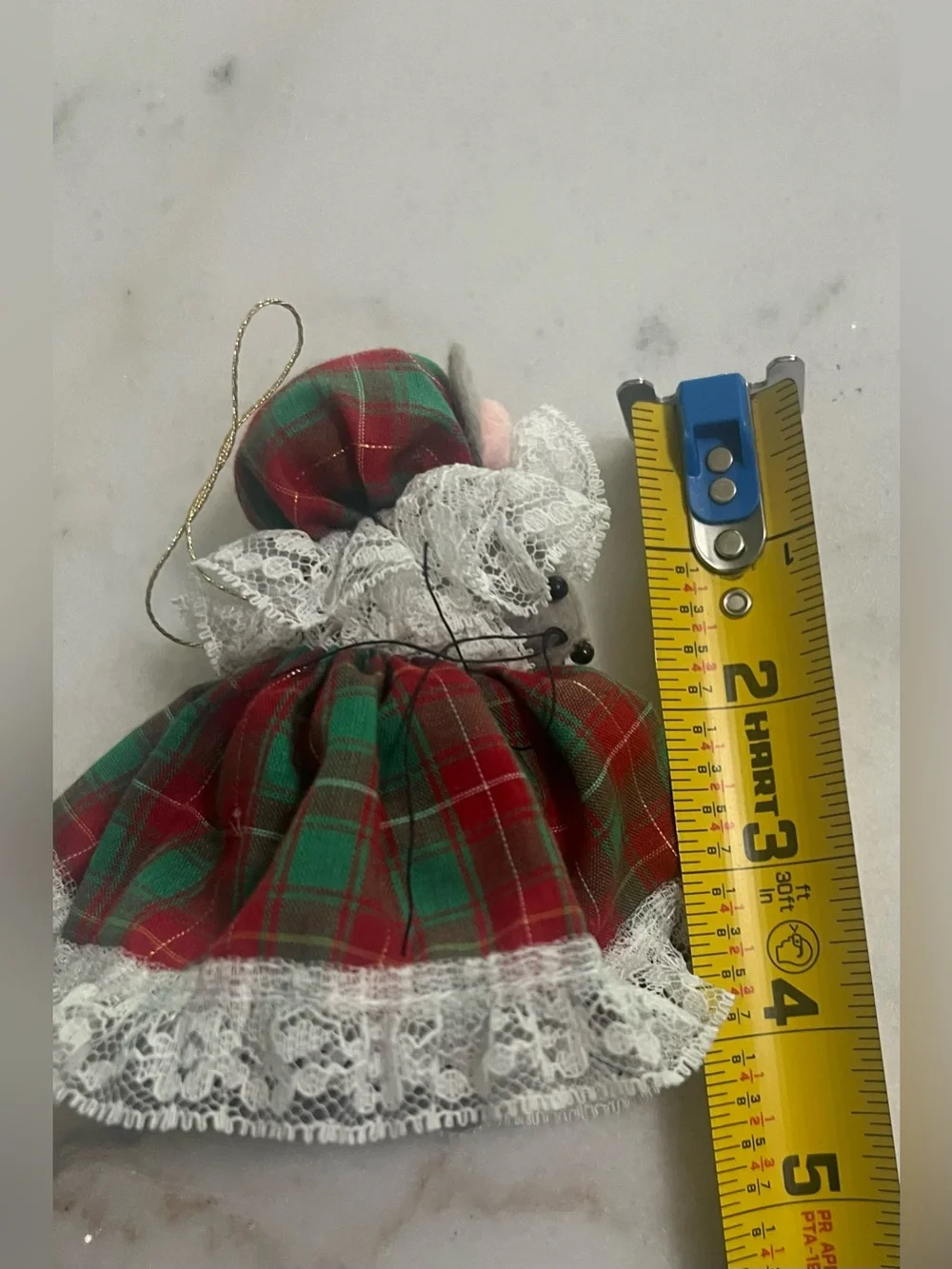 Vintage Cloth Christmas Mouse Plaid Dress & Hat Holiday Decor Ornament